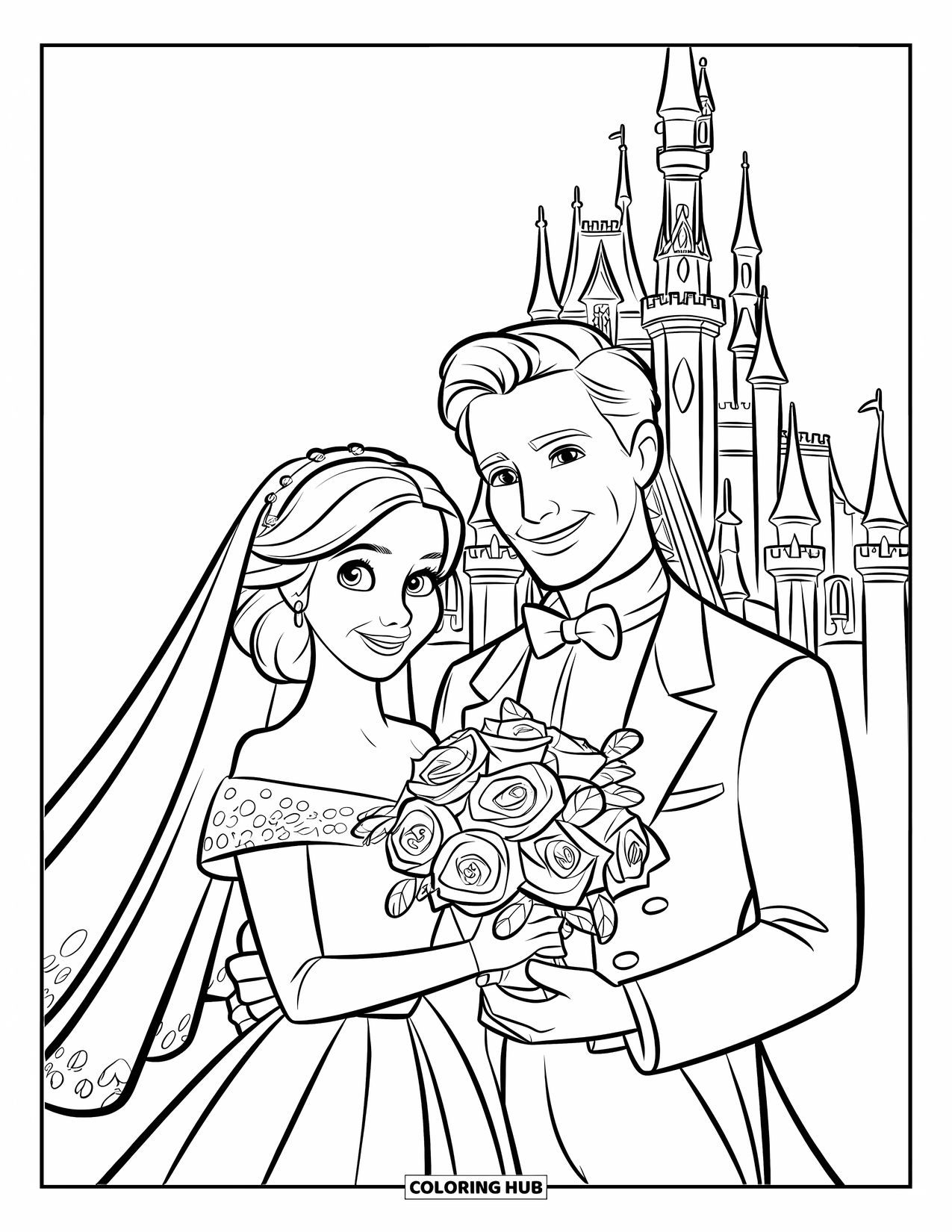 Bride And Groom Coloring Page for Kids: Bride and groom holding a bouquet in front of a castle