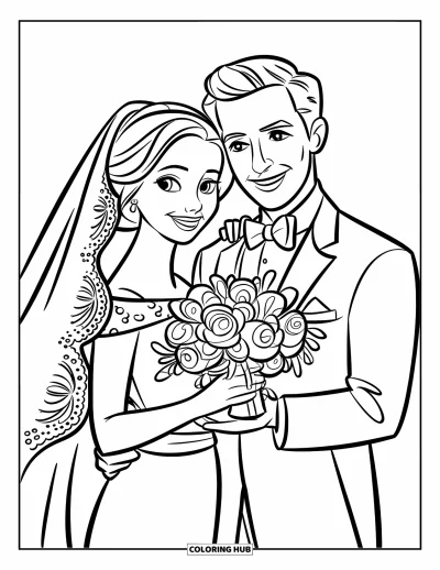 Bride And Groom Coloring Page for Kids: Bride and groom holding a bouquet of roses