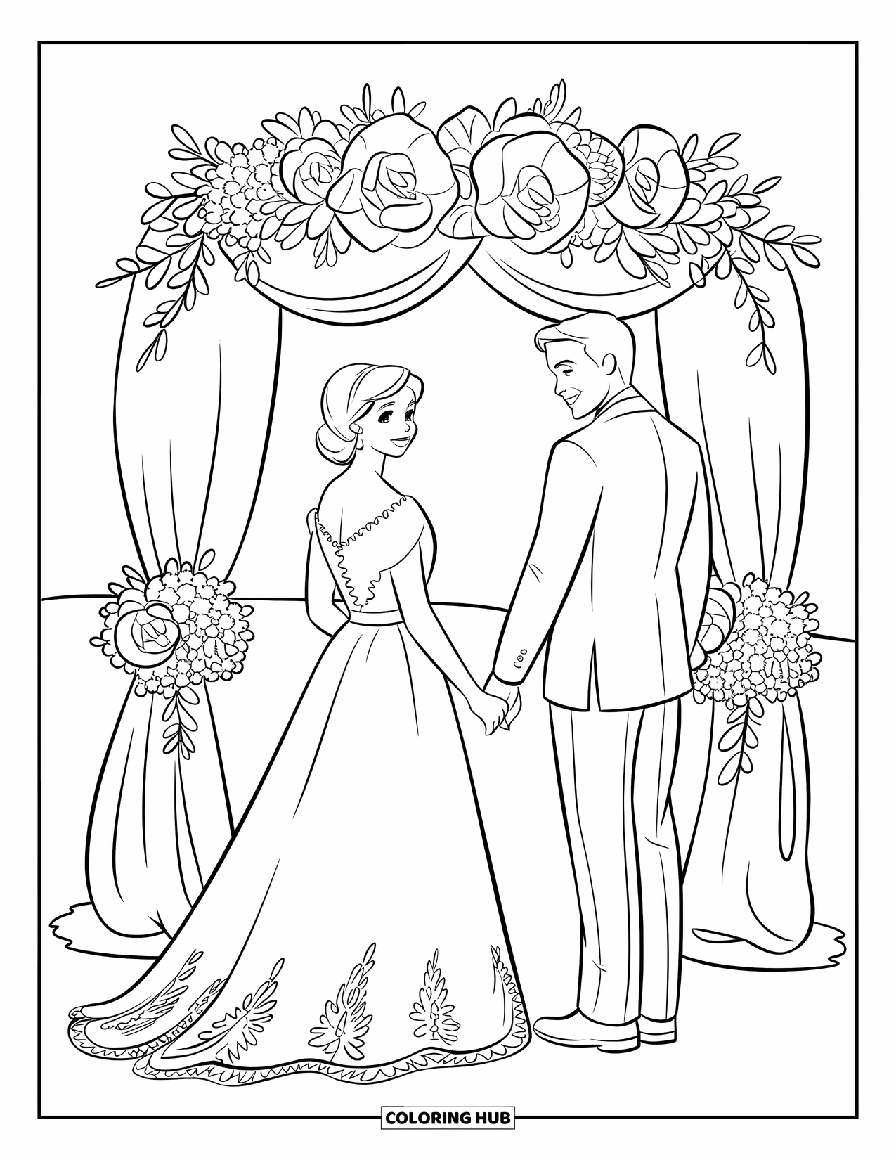 Bride And Groom Coloring Page for Kids: Bride and groom holding hands under a floral wedding arch