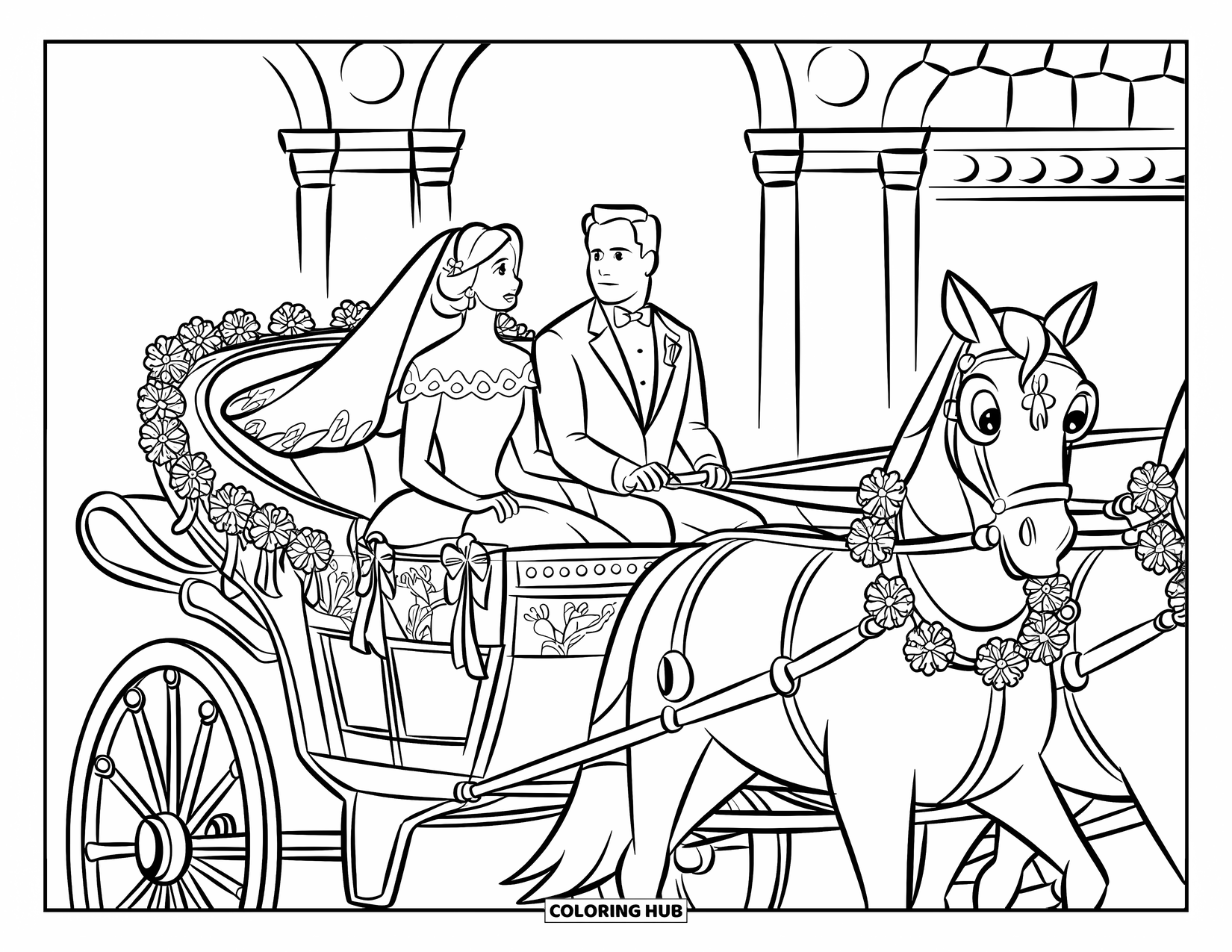 Bride And Groom Coloring Page for Kids: Bride and groom in a flower-covered carriage with two horses