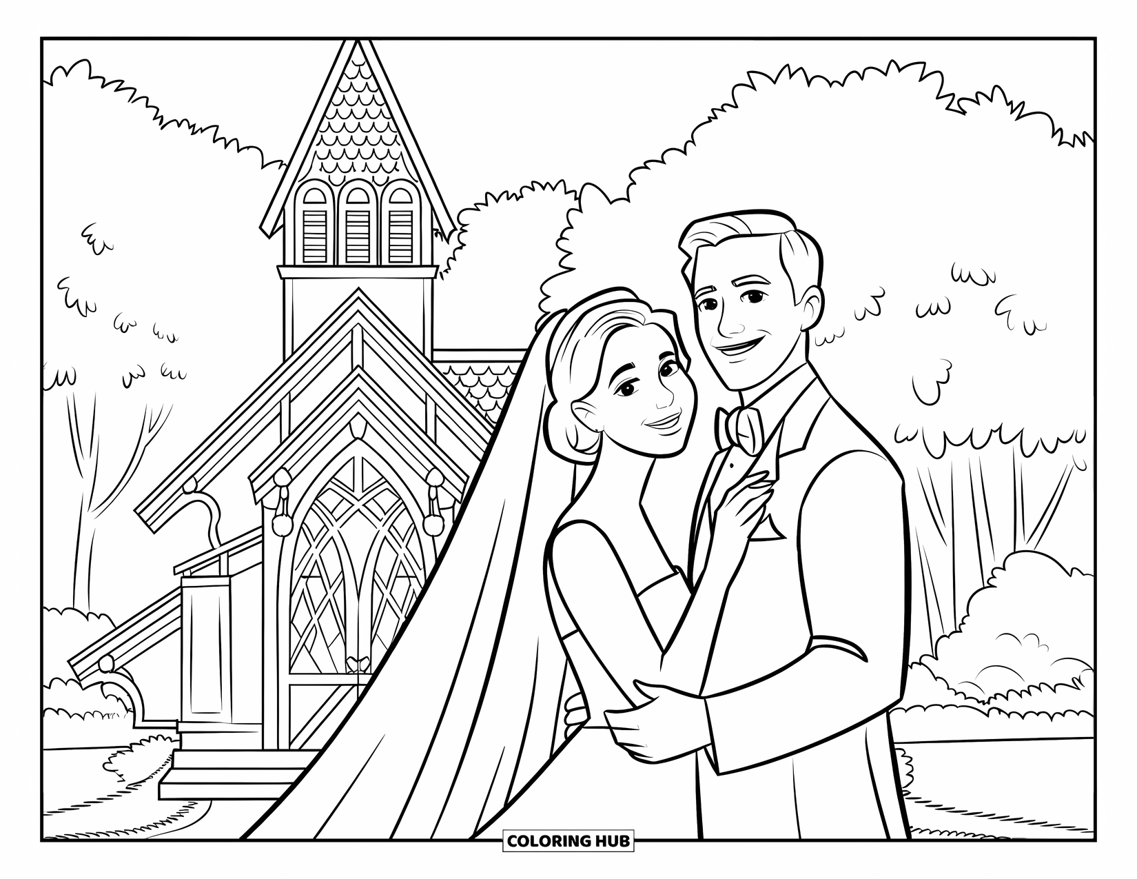 Bride And Groom Coloring Page for Kids: Bride and groom in front of a chapel with stained-glass windows