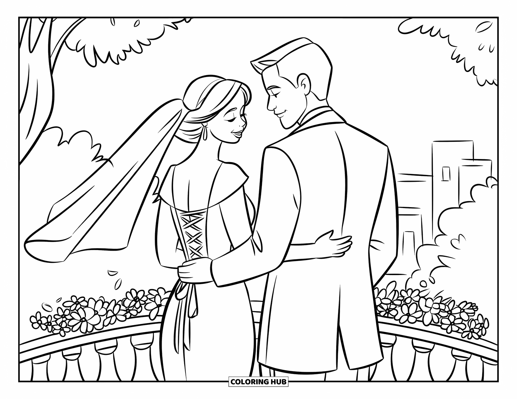 Bride And Groom Coloring Page for Kids: Bride and groom on a bridge with trees and a city view