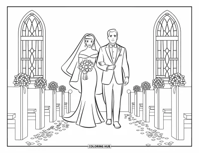Bride And Groom Coloring Page for Kids: Bride and groom on a petal-covered aisle in a chapel