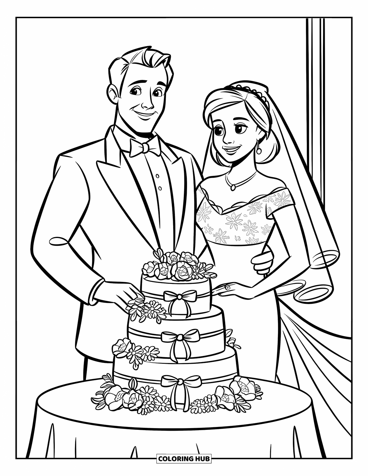 Bride And Groom Coloring Page for Kids: Bride and groom standing next to a three-tier wedding cake