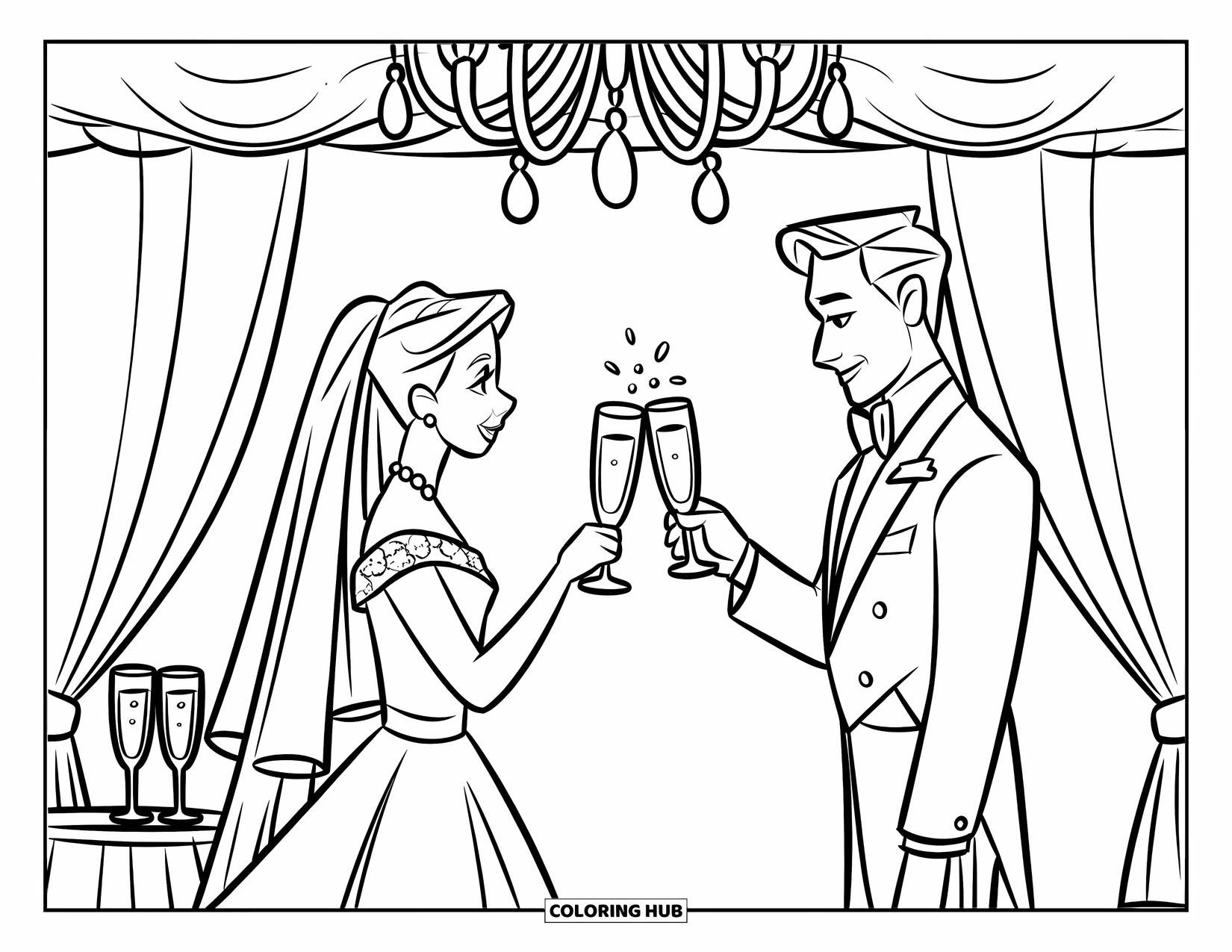 Bride And Groom Coloring Page for Kids: Bride and groom toasting with champagne beside a decorated table