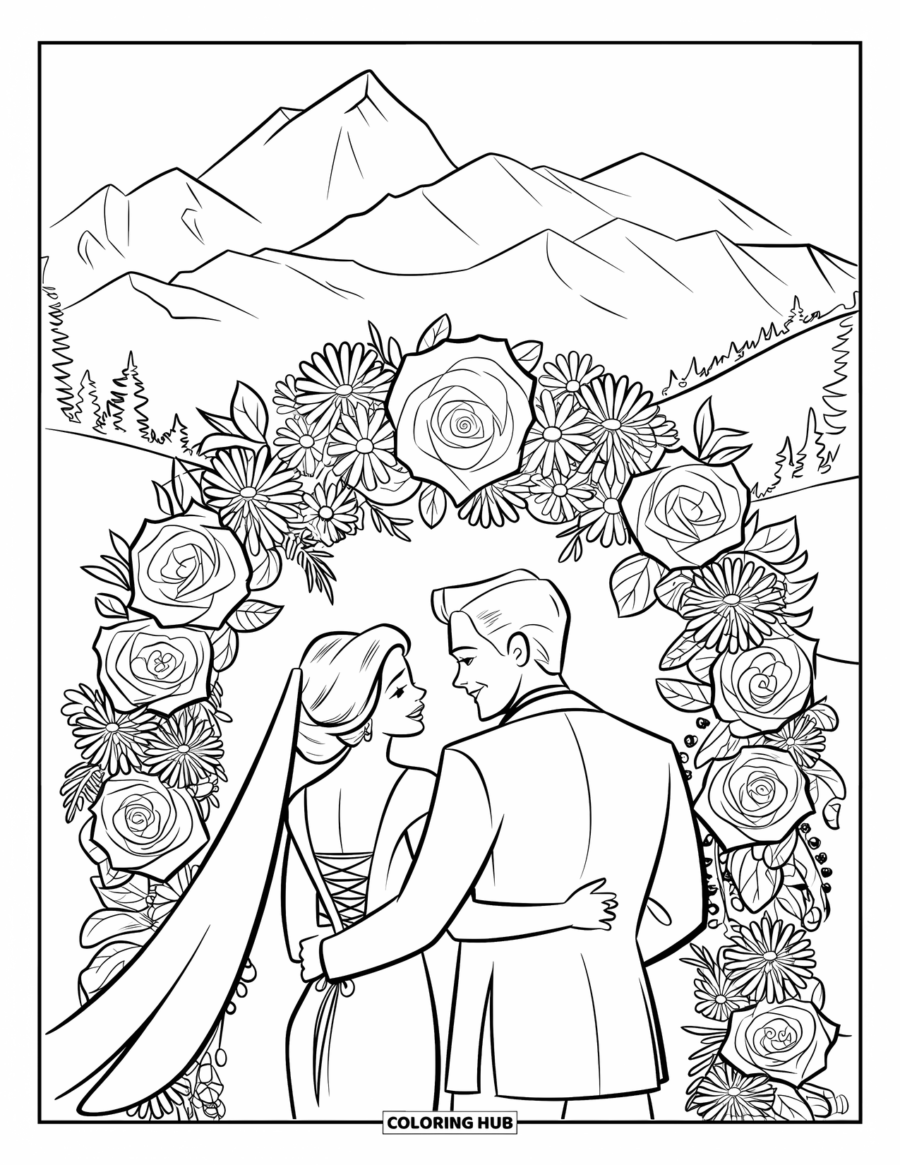 Bride And Groom Coloring Page for Kids: Bride and groom under a floral arch of roses, daisies, and greenery