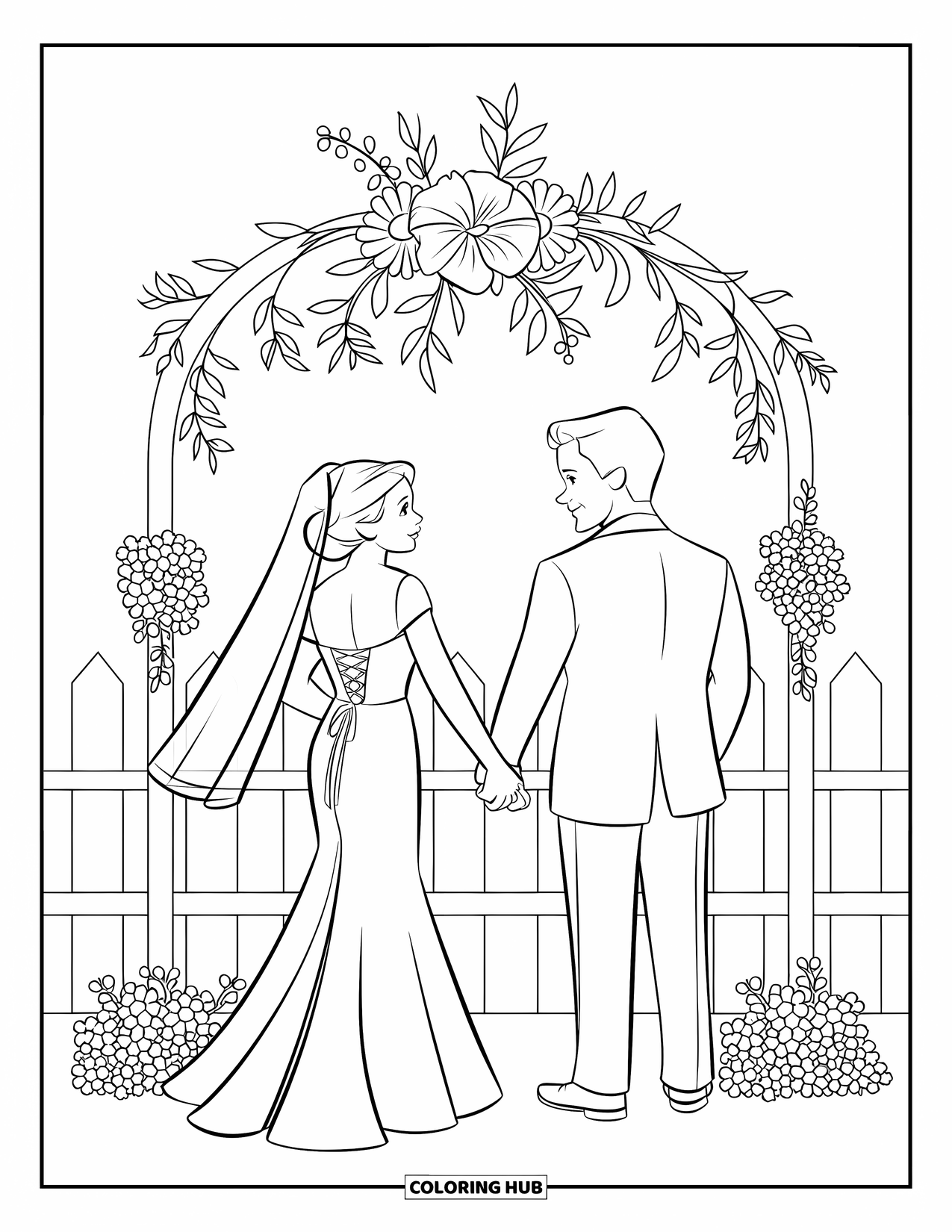 Bride And Groom Coloring Page for Kids: Bride and groom under a floral arch with picket fence behind