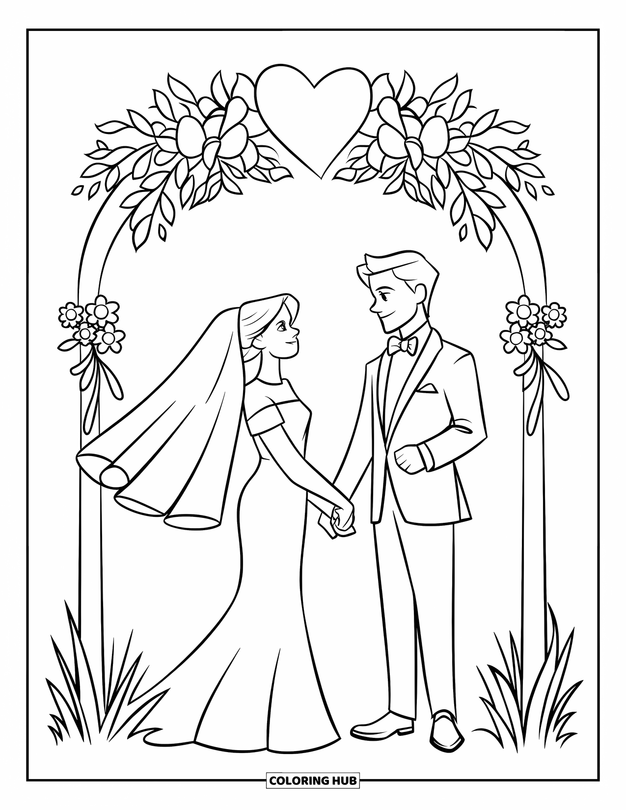 Bride And Groom Coloring Page for Kids: Bride and groom under a heart-shaped floral arch