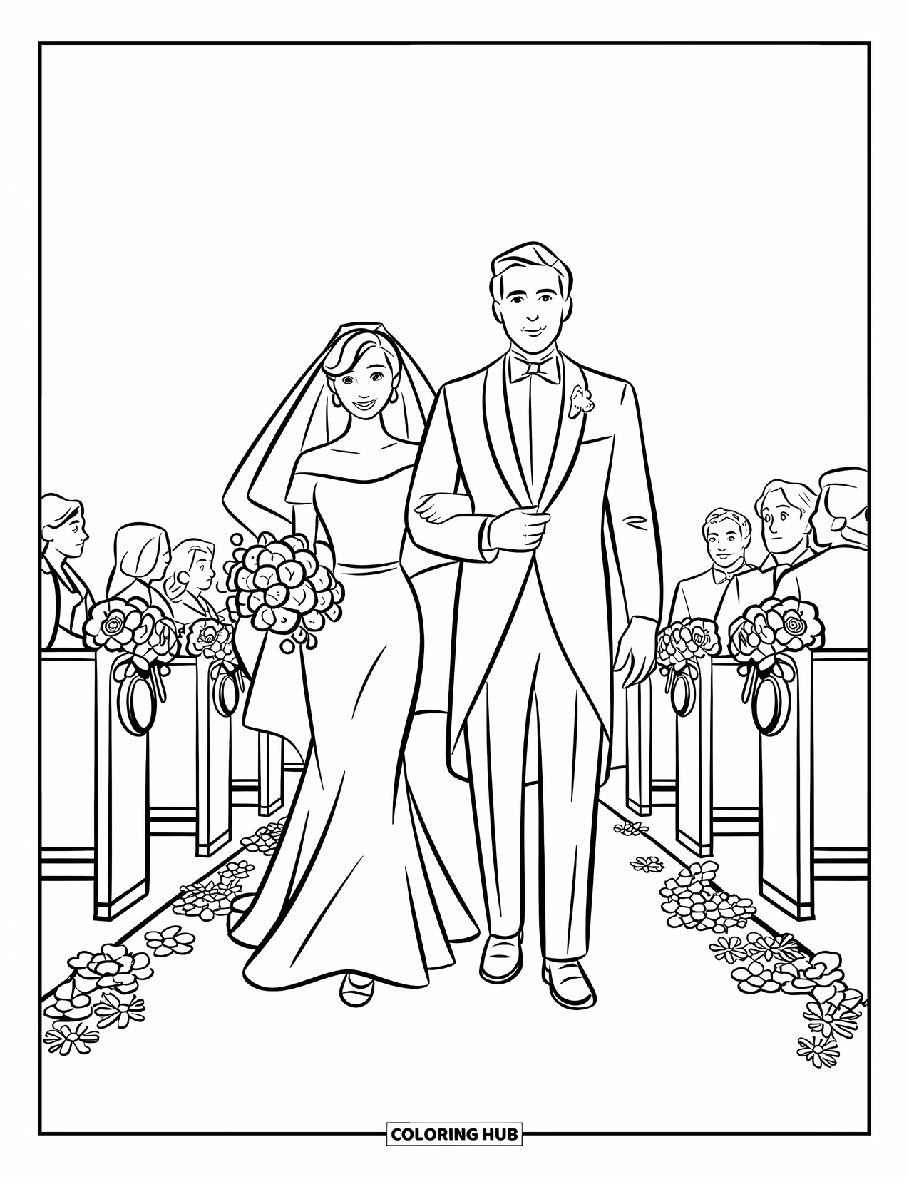 Bride And Groom Coloring Page for Kids: Bride and groom walking down a flower-lined aisle with guests watching