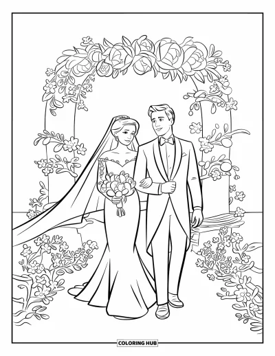 Bride And Groom Coloring Page for Kids: Bride and groom walking under a floral arch in a church aisle