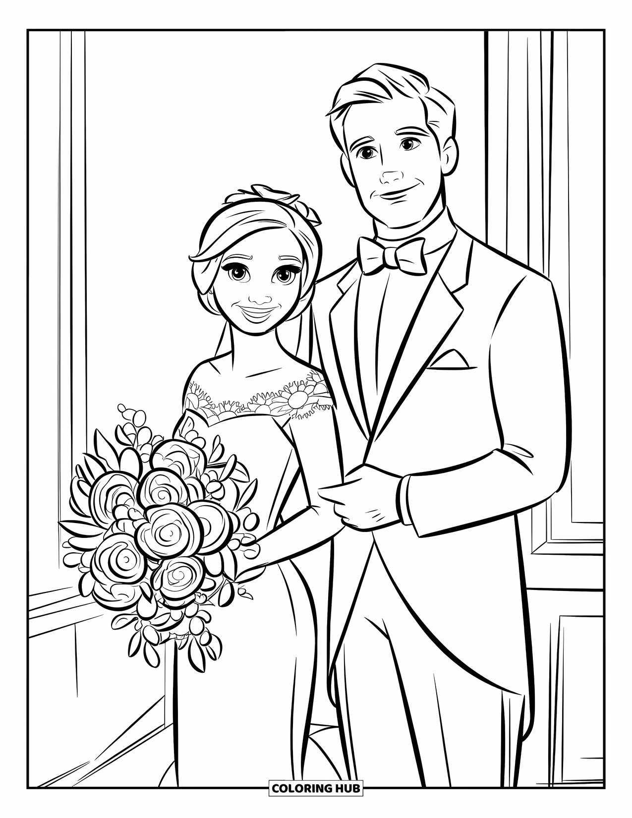 Bride And Groom Coloring Page for Kids: Bride holding a bouquet beside the groom on plain background