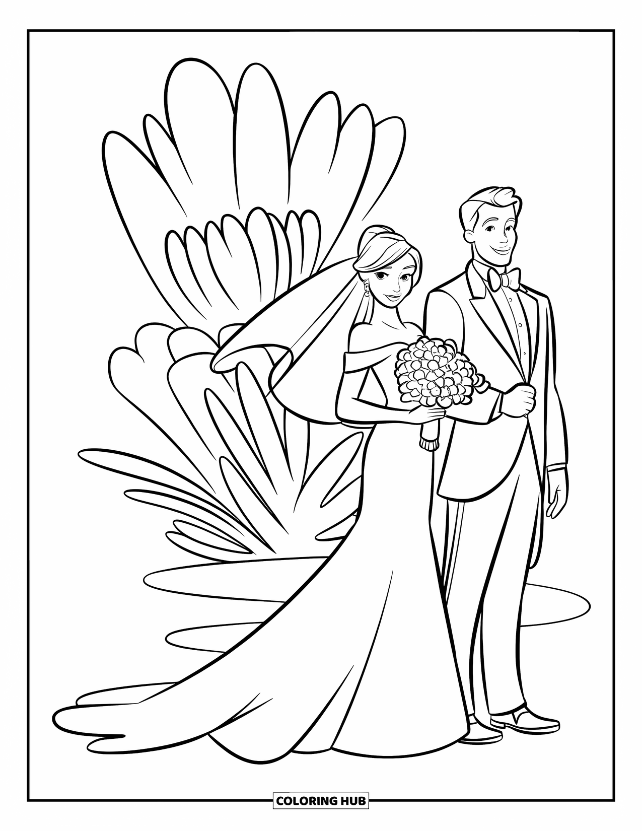 Bride And Groom Coloring Page for Kids: Bride holding a bouquet beside the groom with bold outlines