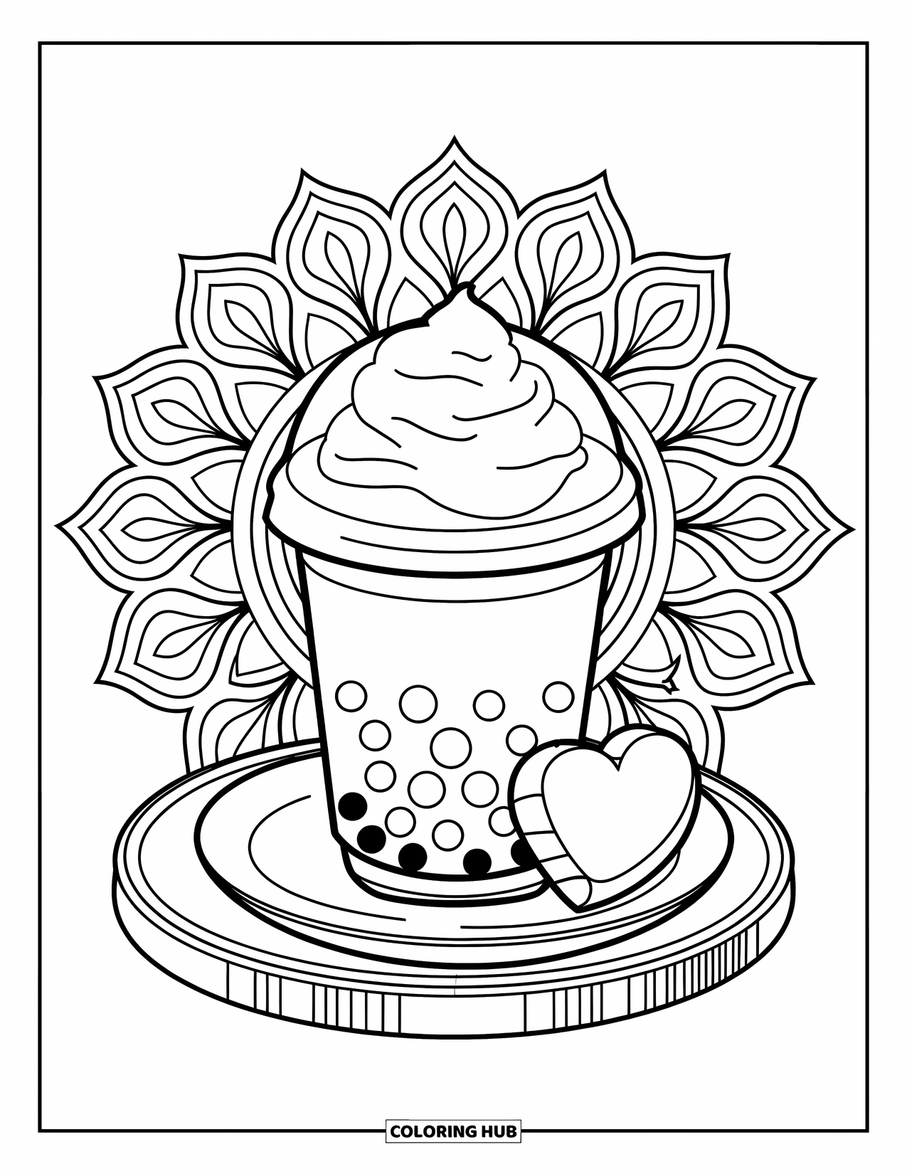 Bubble Tea Coloring Page for Adults: A bubble tea and heart-shaped biscotti rest in a peaceful floral mandala scene