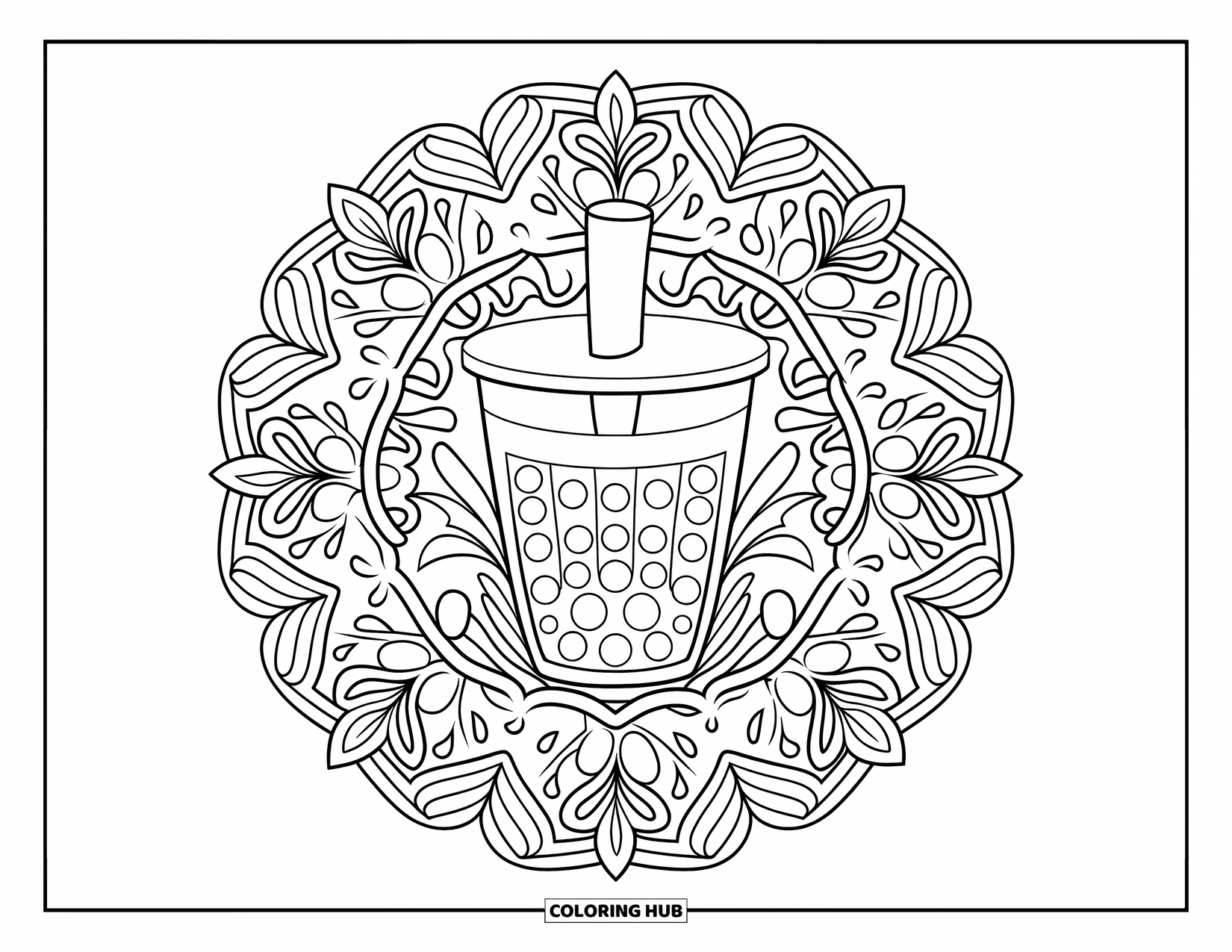 Bubble Tea Coloring Page for Adults: A central bubble tea cup wrapped in intricate mandala vines and petals