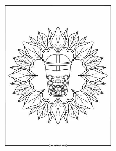 Bubble Tea Coloring Page for Adults: A clean mandala of petals and leaves centers around a bubble tea