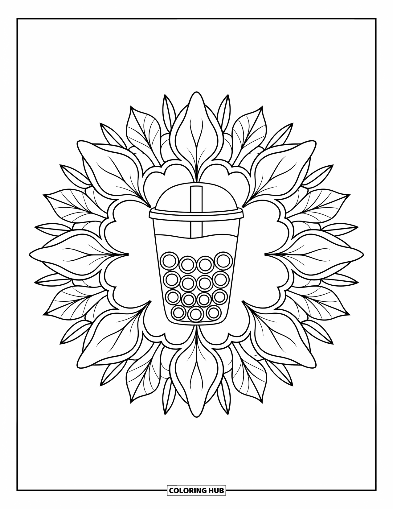 Bubble Tea Coloring Page for Adults: A clean mandala of petals and leaves centers around a bubble tea