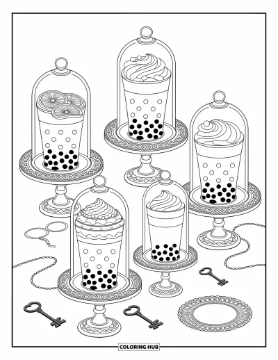 Bubble Tea Coloring Page for Adults: A cozy kitchen counter ready for bubble tea making with cups and toppings