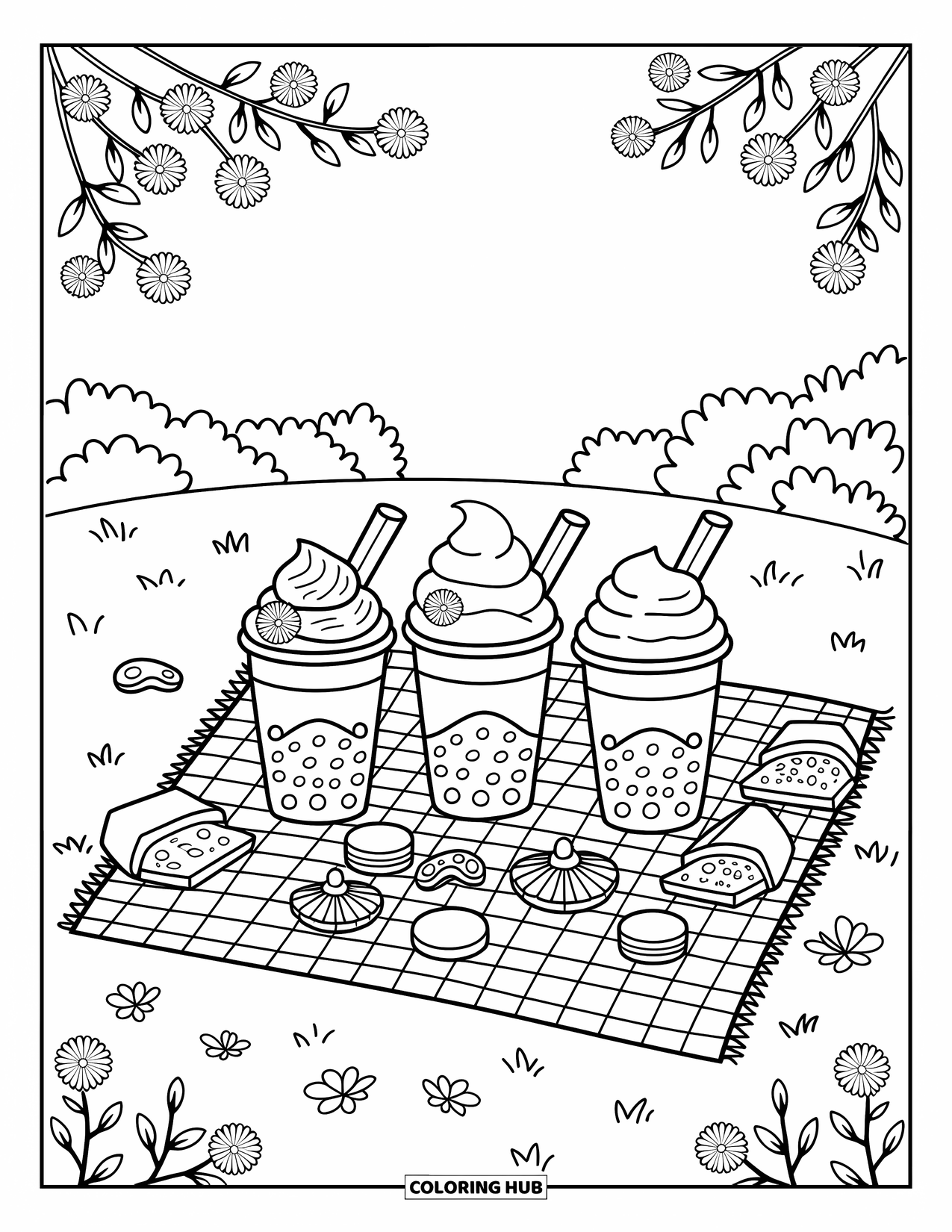 Bubble Tea Coloring Page for Adults: A cozy picnic scene with bubble teas, blossoms, and tiny pastries