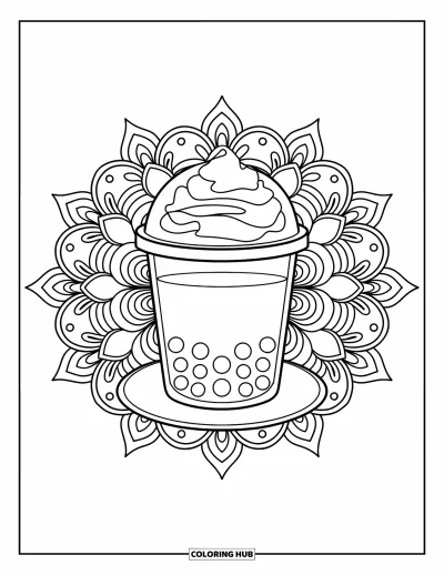 Bubble Tea Coloring Page for Adults: A dome-cup bubble tea with whipped topping framed by a floral mandala