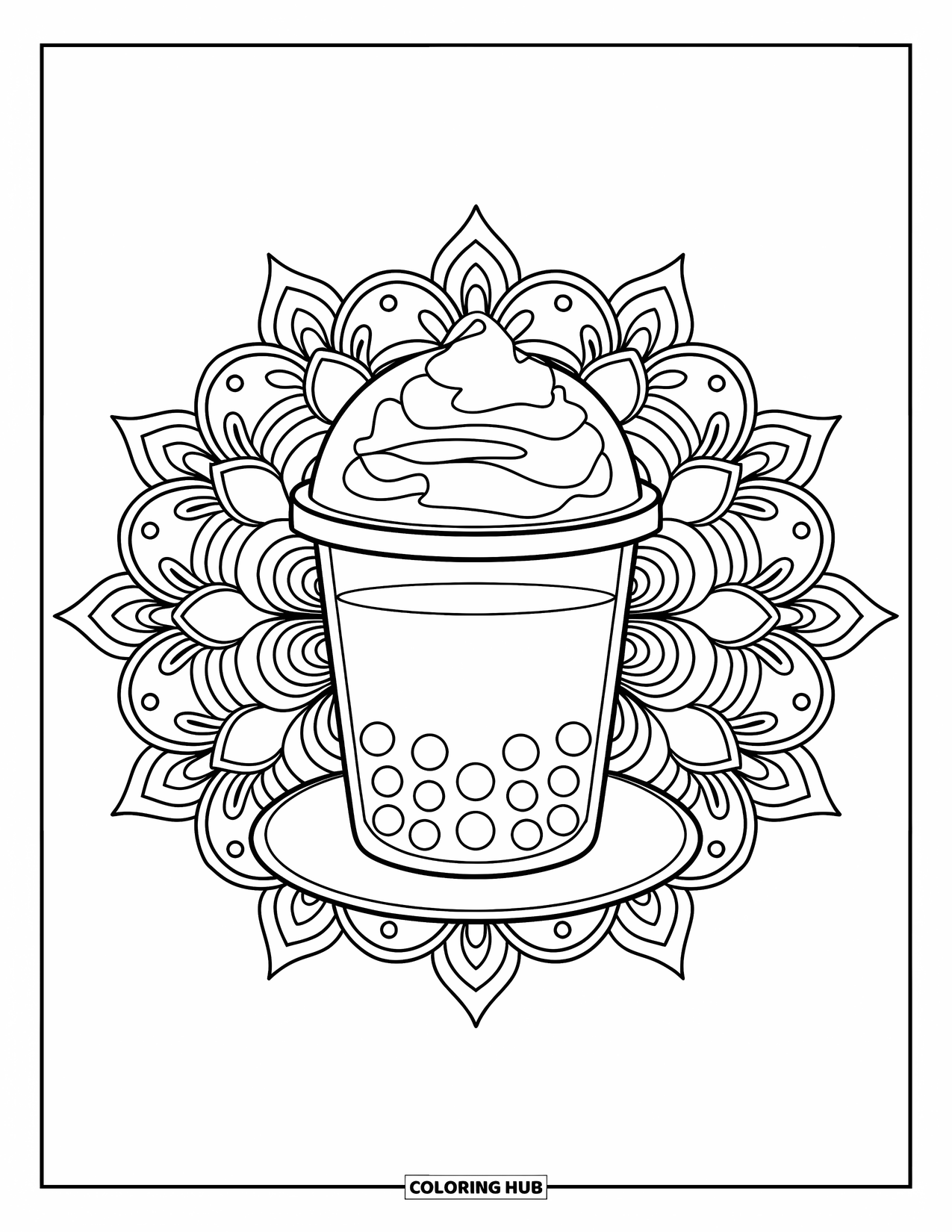 Bubble Tea Coloring Page for Adults: A dome-cup bubble tea with whipped topping framed by a floral mandala