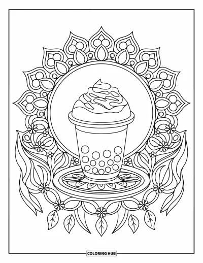 Bubble Tea Coloring Page for Adults: A floral mandala surrounds a sweet whipped bubble tea on a saucer