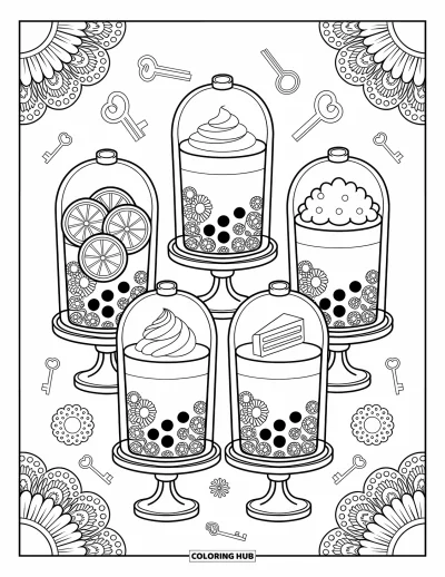Bubble Tea Coloring Page for Adults: A kitchen scene with bubble tea tools, fruits, jellies, and recipe notes