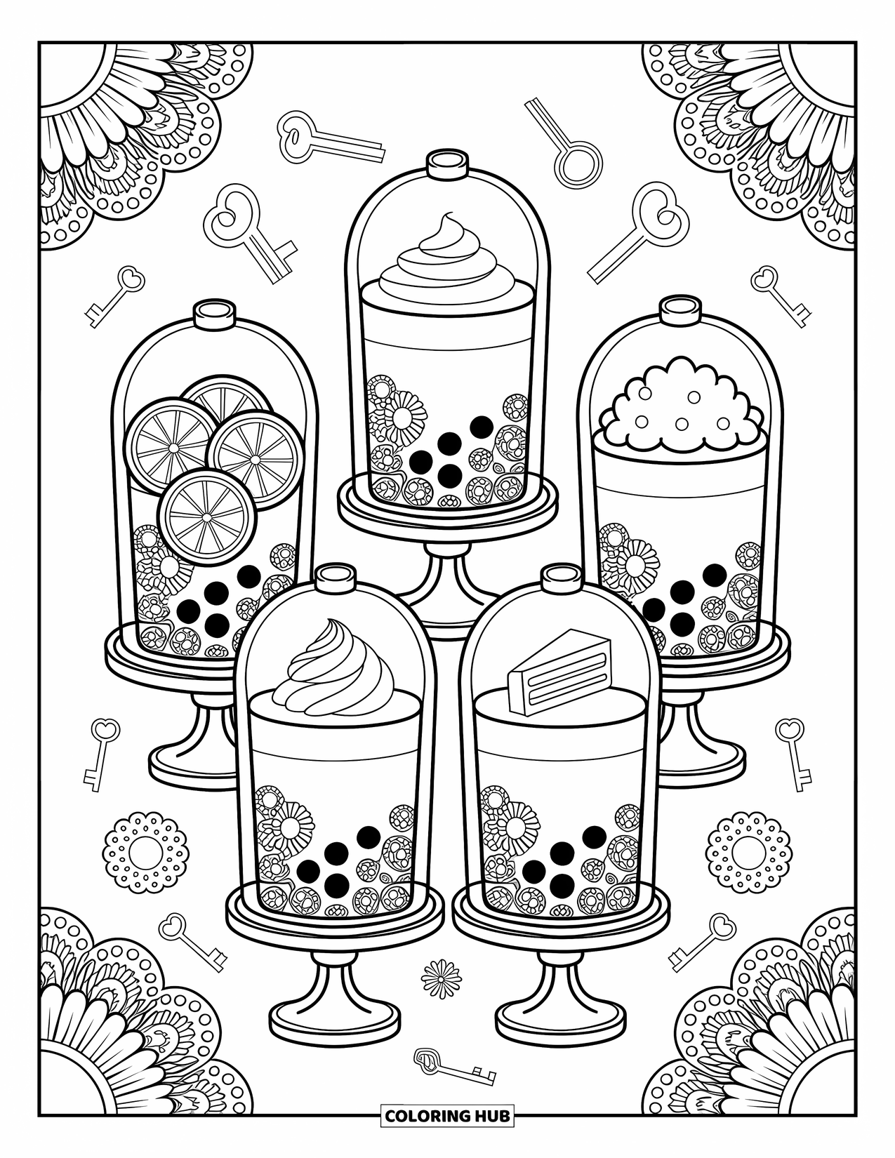 Bubble Tea Coloring Page for Adults: A kitchen scene with bubble tea tools, fruits, jellies, and recipe notes