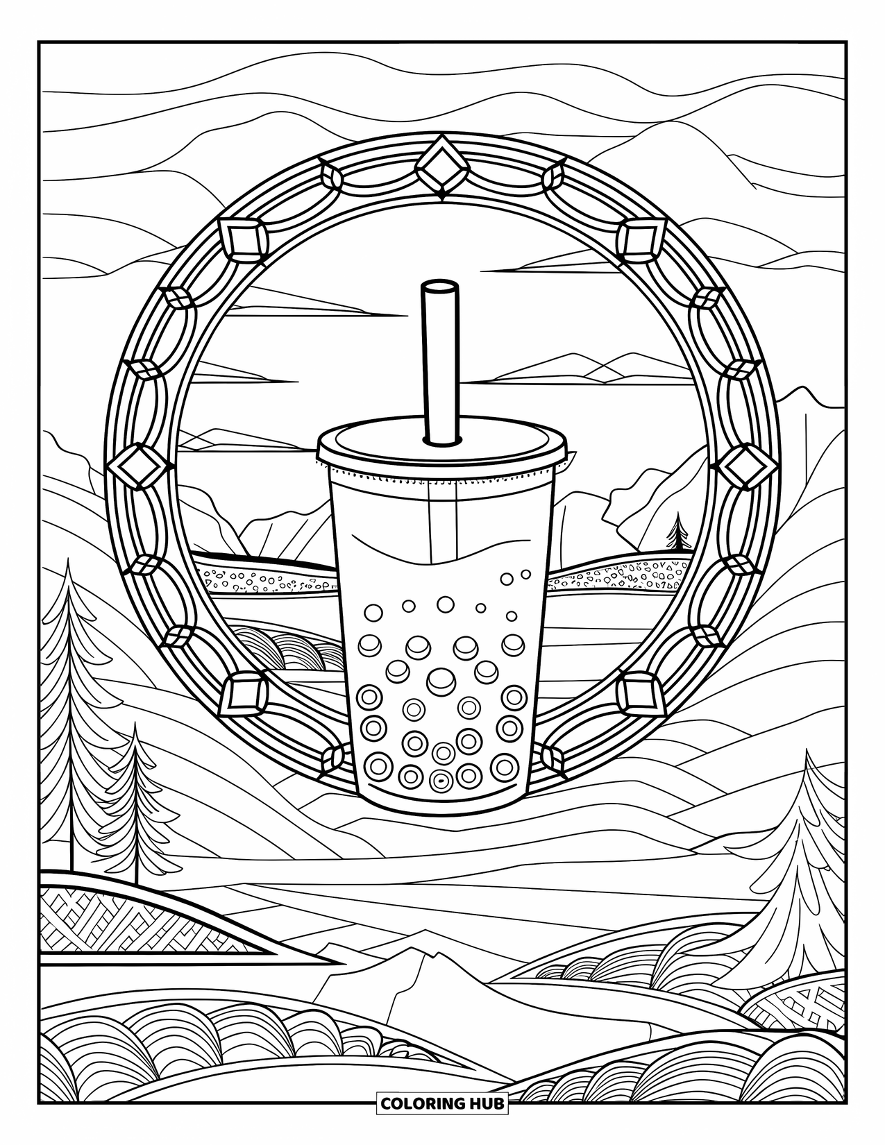 Bubble Tea Coloring Page for Adults: A landscape view wraps around a tall bubble tea framed in stained glass