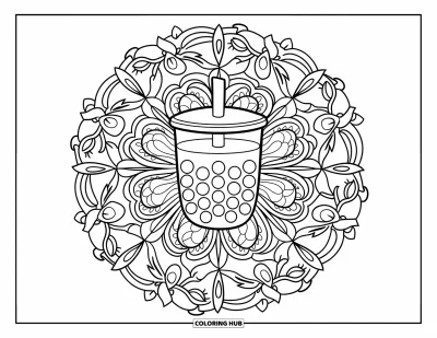 Bubble Tea Coloring Page for Adults: A large bubble tea cup sits at the heart of a pretty mandala design