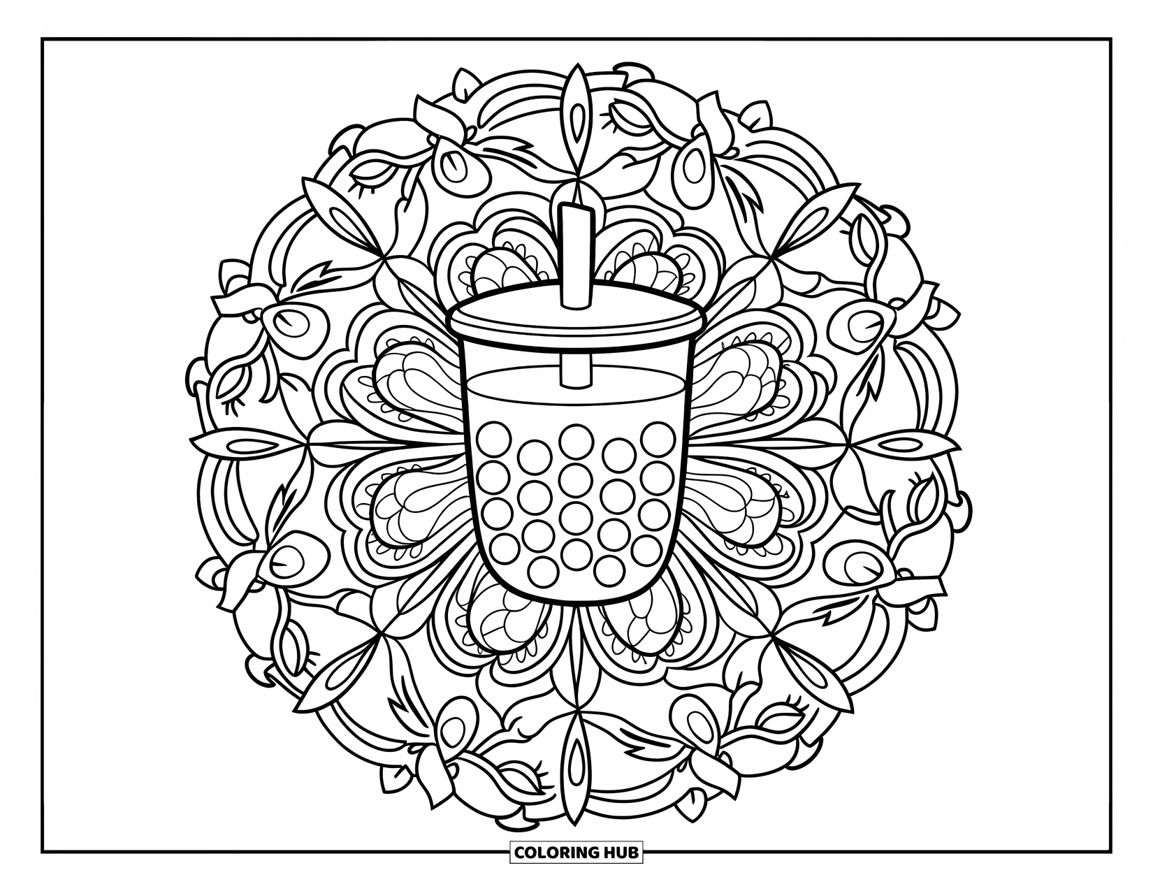 Bubble Tea Coloring Page for Adults: A large bubble tea cup sits at the heart of a pretty mandala design