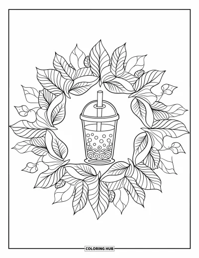 Bubble Tea Coloring Page for Adults: A leafy mandala surrounds a bubble tea with a straw on a saucer