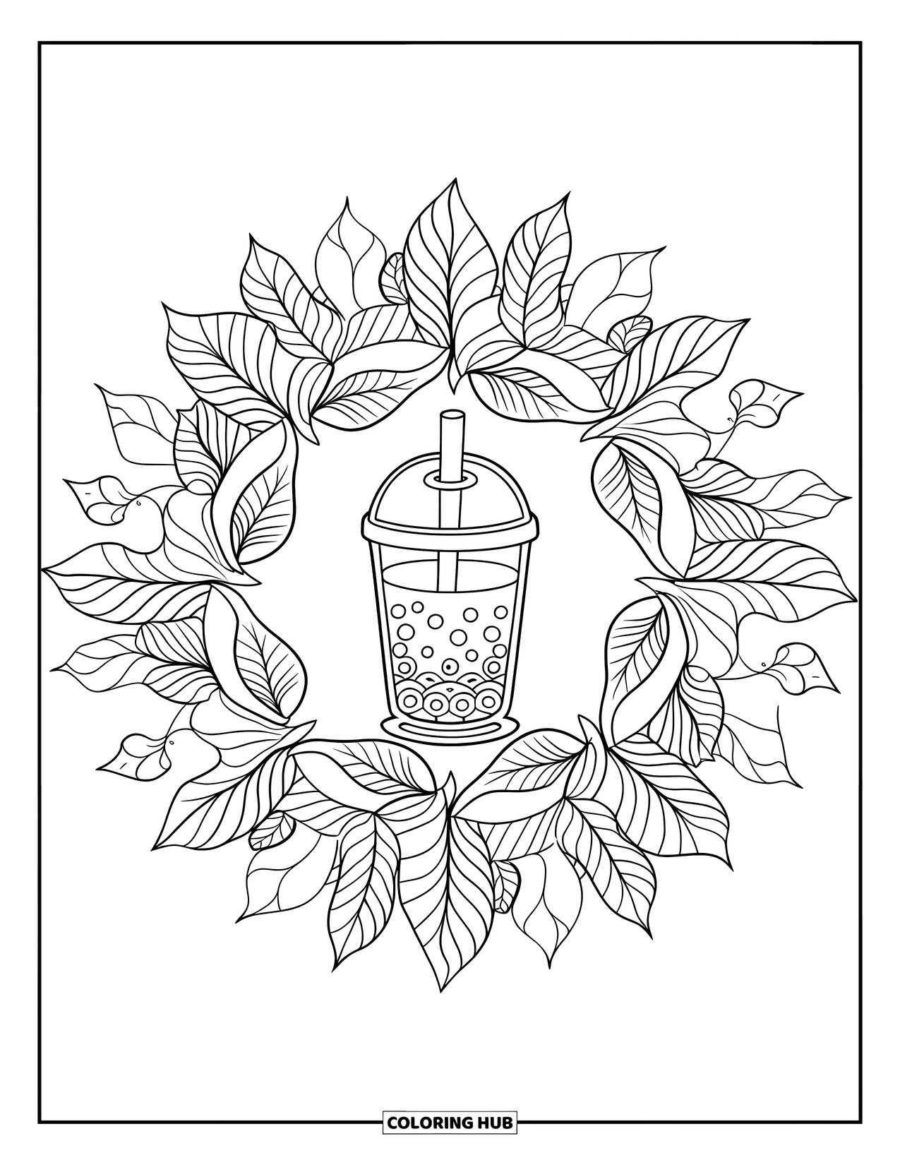 Bubble Tea Coloring Page for Adults: A leafy mandala surrounds a bubble tea with a straw on a saucer