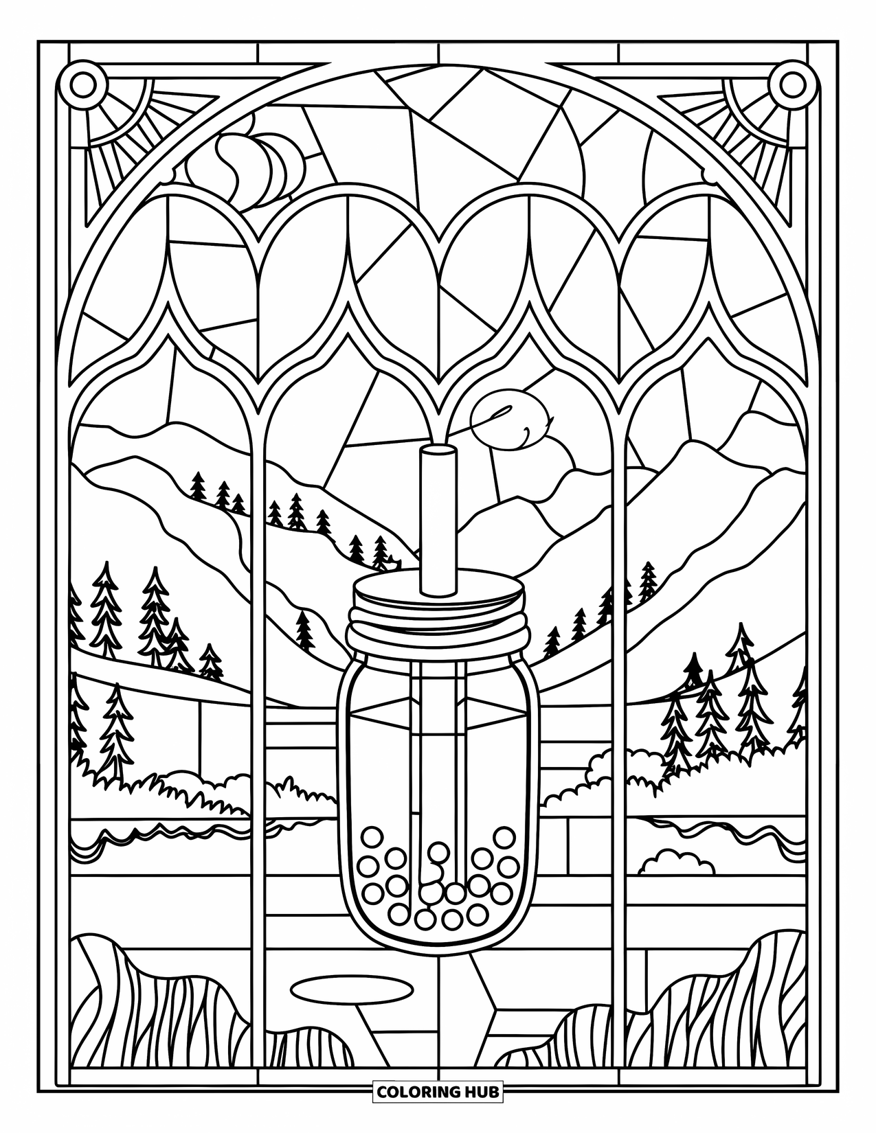 Bubble Tea Coloring Page for Adults: A mason jar bubble tea centered in a stained glass window scene