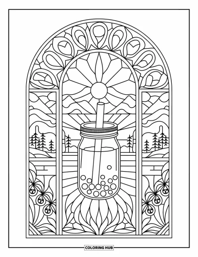 Bubble Tea Coloring Page for Adults: A mason jar bubble tea inside an intricate stained glass frame with nature views