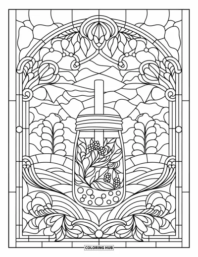 Bubble Tea Coloring Page for Adults: A scenic mountain view frames a bubble tea inside a floral stained glass window