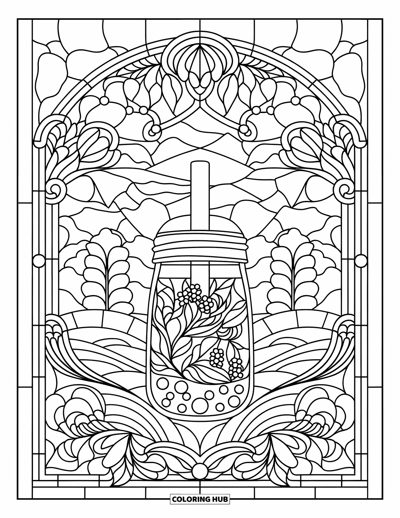Bubble Tea Coloring Page for Adults: A scenic mountain view frames a bubble tea inside a floral stained glass window