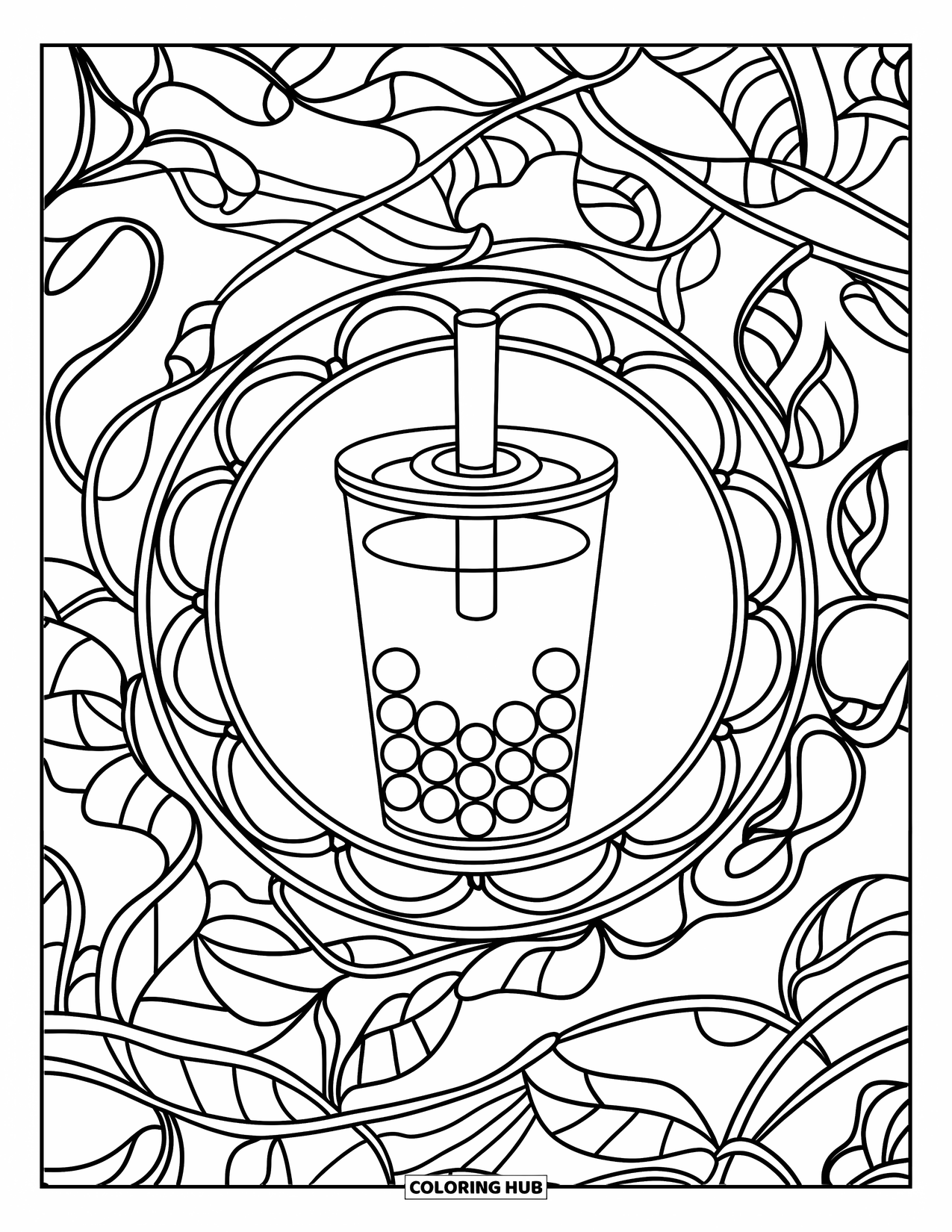 Bubble Tea Coloring Page for Adults: A stained glass-style circle surrounds a bubble tea with layered pearls