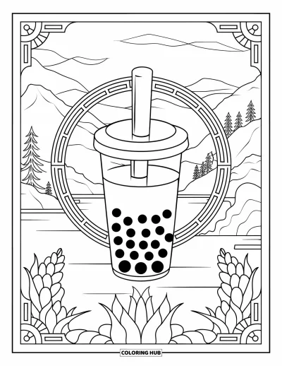 Bubble Tea Coloring Page for Adults: A tall bubble tea with pearls and a nature view inside a stained glass circle