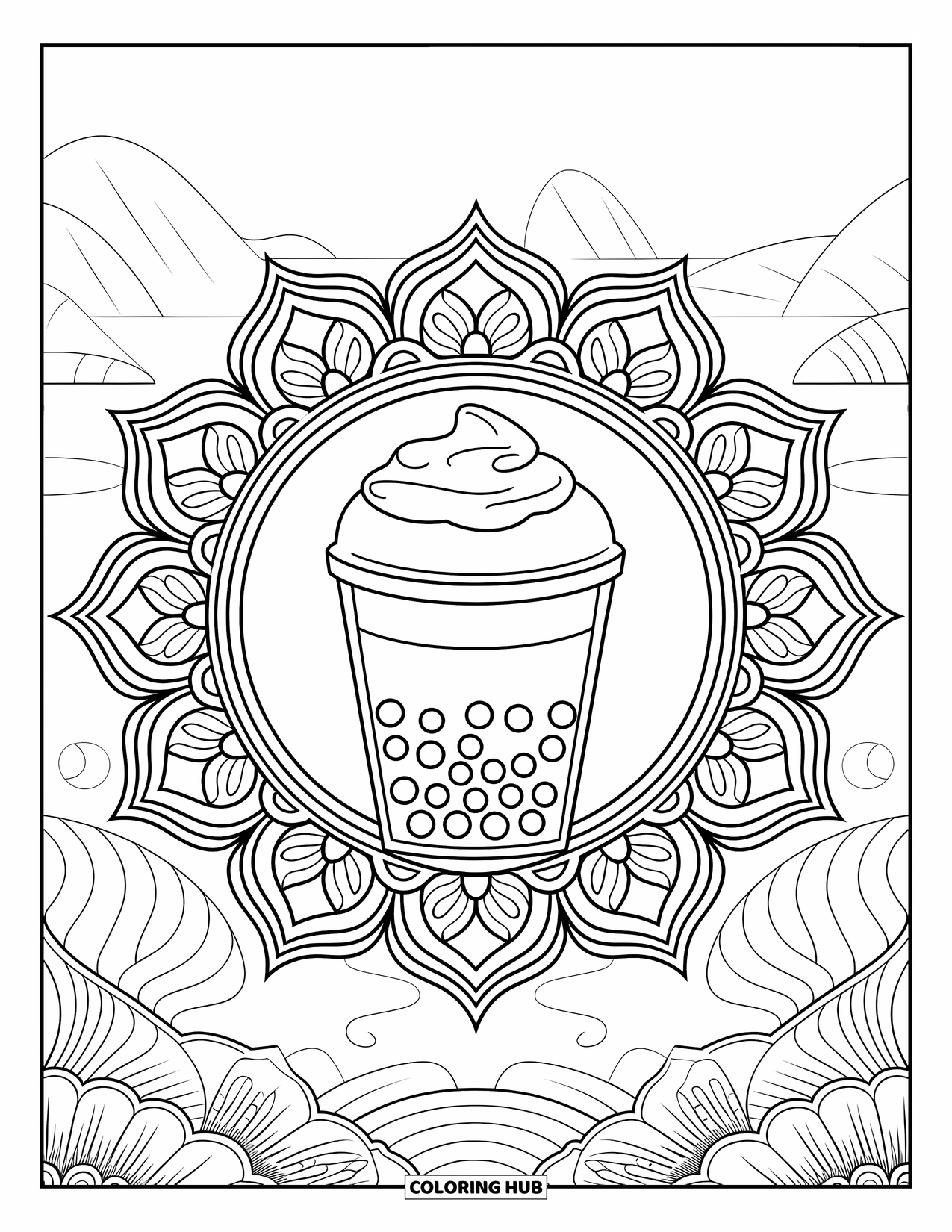 Bubble Tea Coloring Page for Adults: Bubble tea with cream sits inside a lotus-patterned mandala near a lake