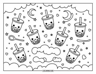Bubble Tea Coloring Page for Adults: Bubble teas with toppings rest in elegant domes with keys, ribbons, and lace nearby
