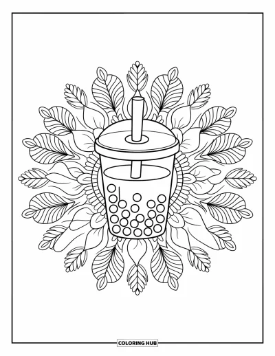 Bubble Tea Coloring Page for Adults: Detailed leaves and petals form a mandala around a straw-topped bubble tea