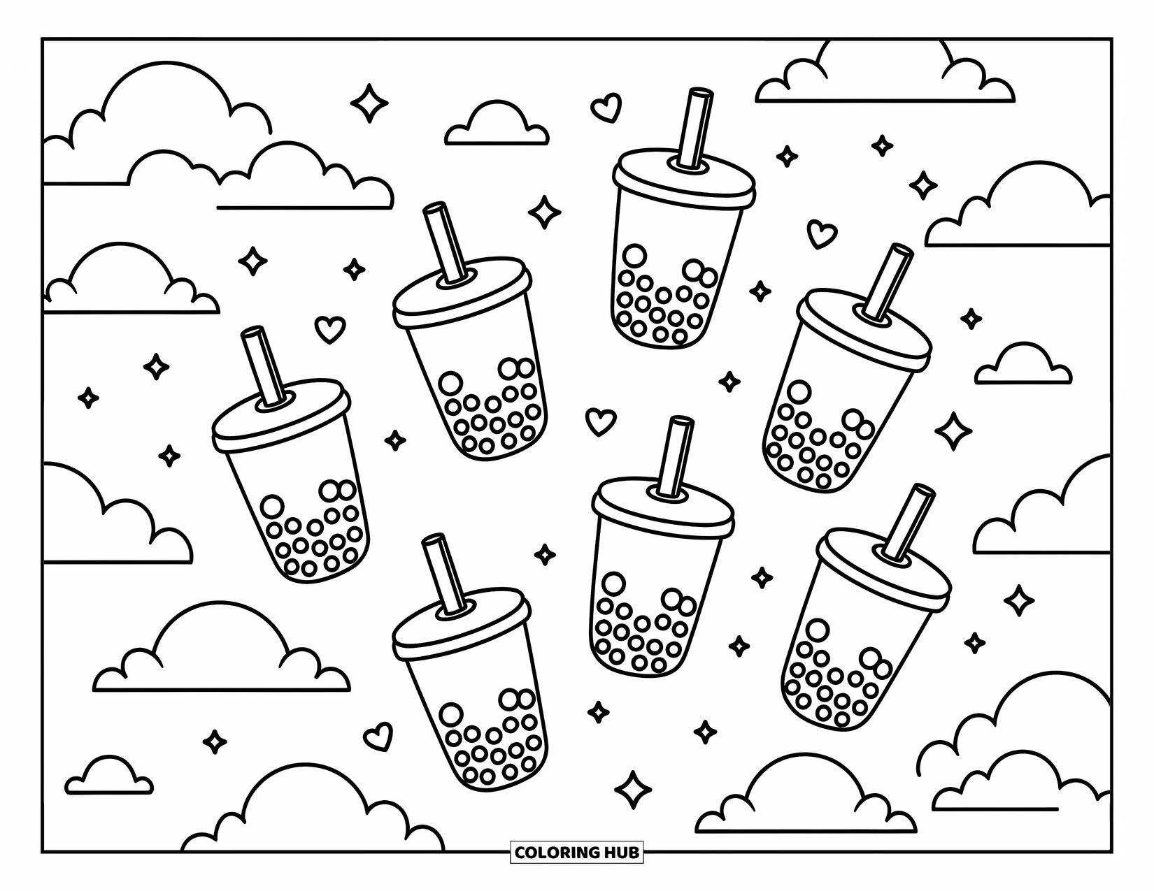 Bubble Tea Coloring Page for Adults: Four fancy bubble teas under floral glass domes with tiny decorations around them