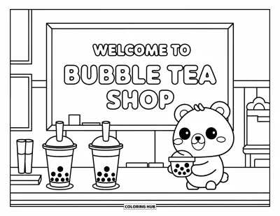 Bubble Tea Coloring Page for Kids: A bear mascot welcomes you beside two bubble teas and a chalkboard sign
