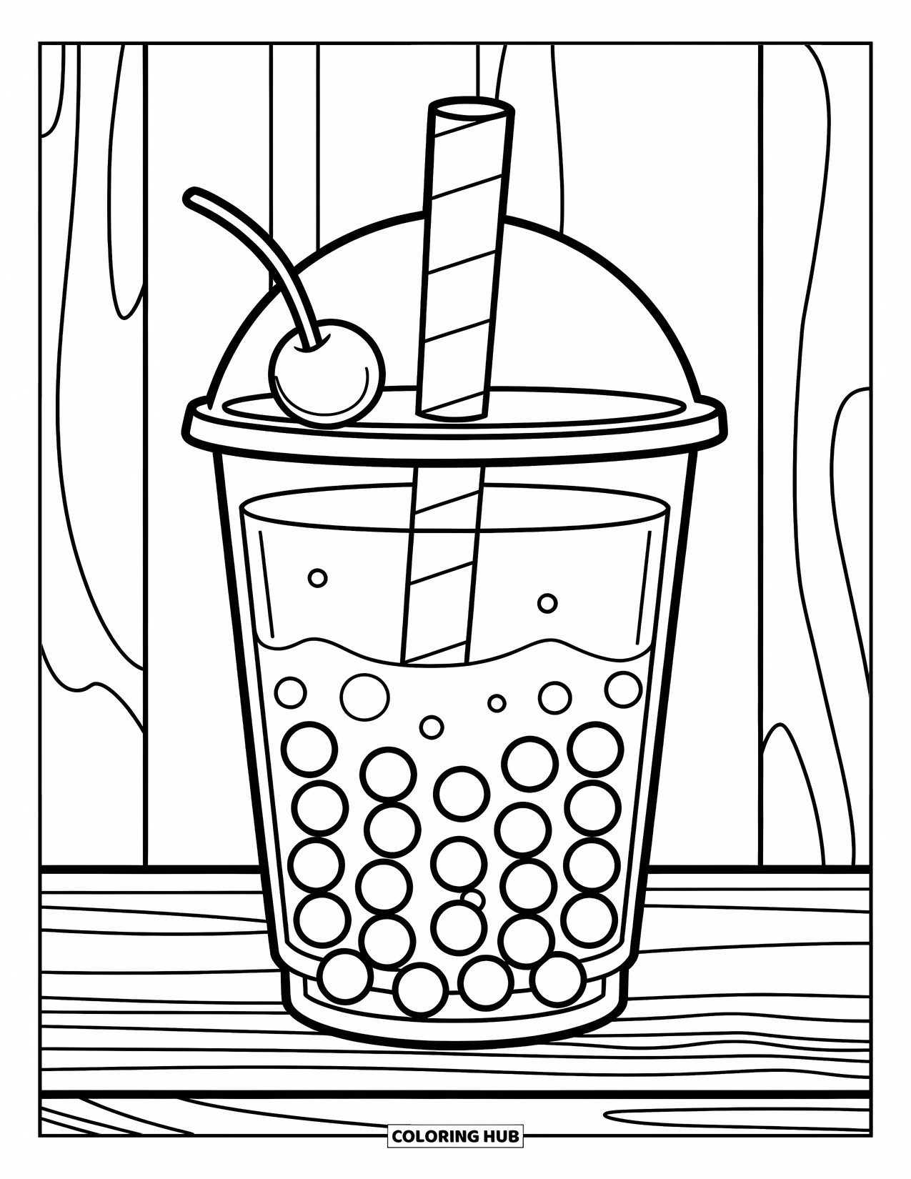 Bubble Tea Coloring Page for Kids: A bold-striped bubble tea sits on wood with big pearls and a cherry on top