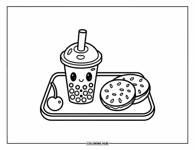 Bubble Tea Coloring Page for Kids: A bubble tea and cookies rest on a heart tray with a cherry nearby