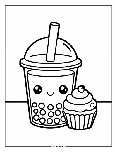 Bubble Tea Coloring Page for Kids: A bubble tea and swirly cupcake rest on a table in kawaii style