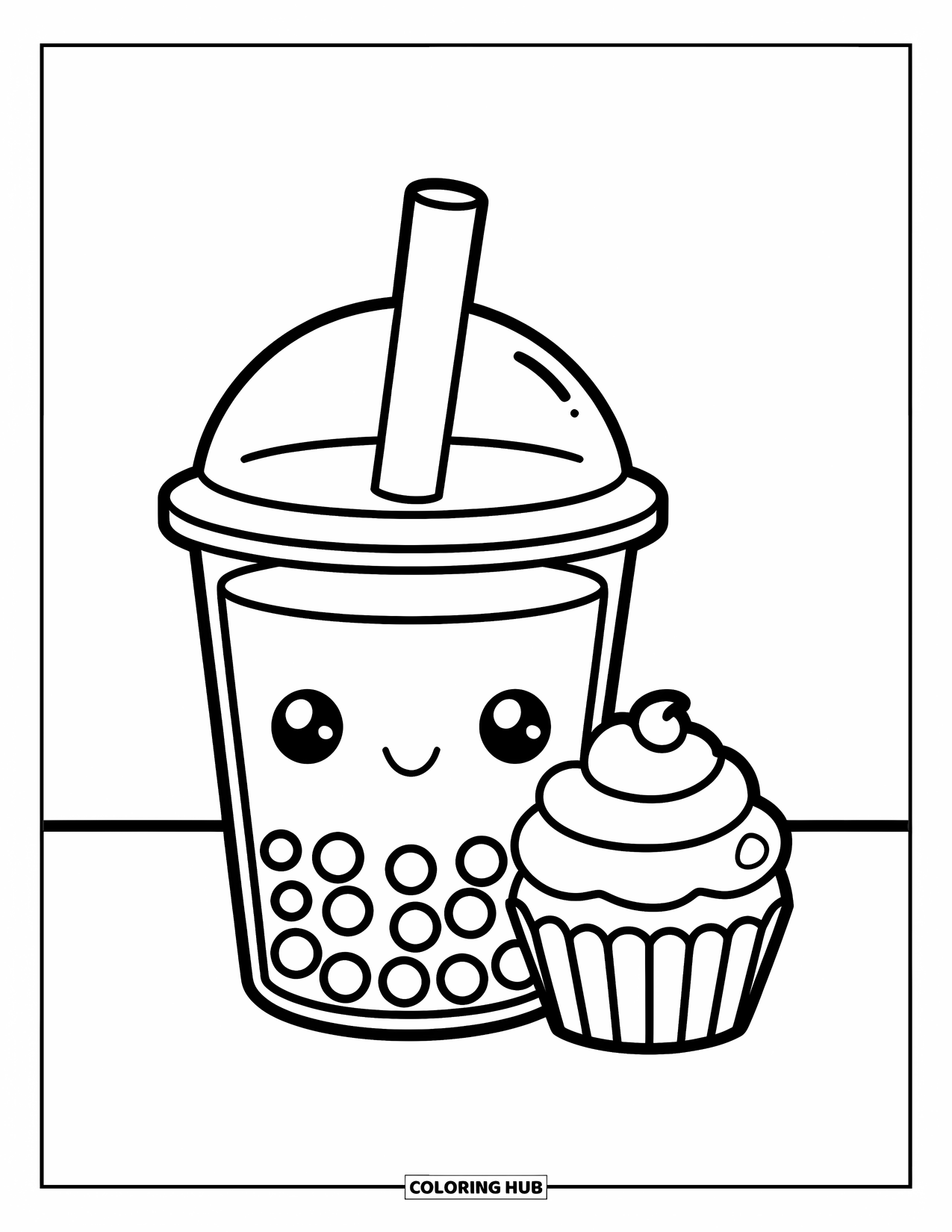 Bubble Tea Coloring Page for Kids: A bubble tea and swirly cupcake rest on a table in kawaii style