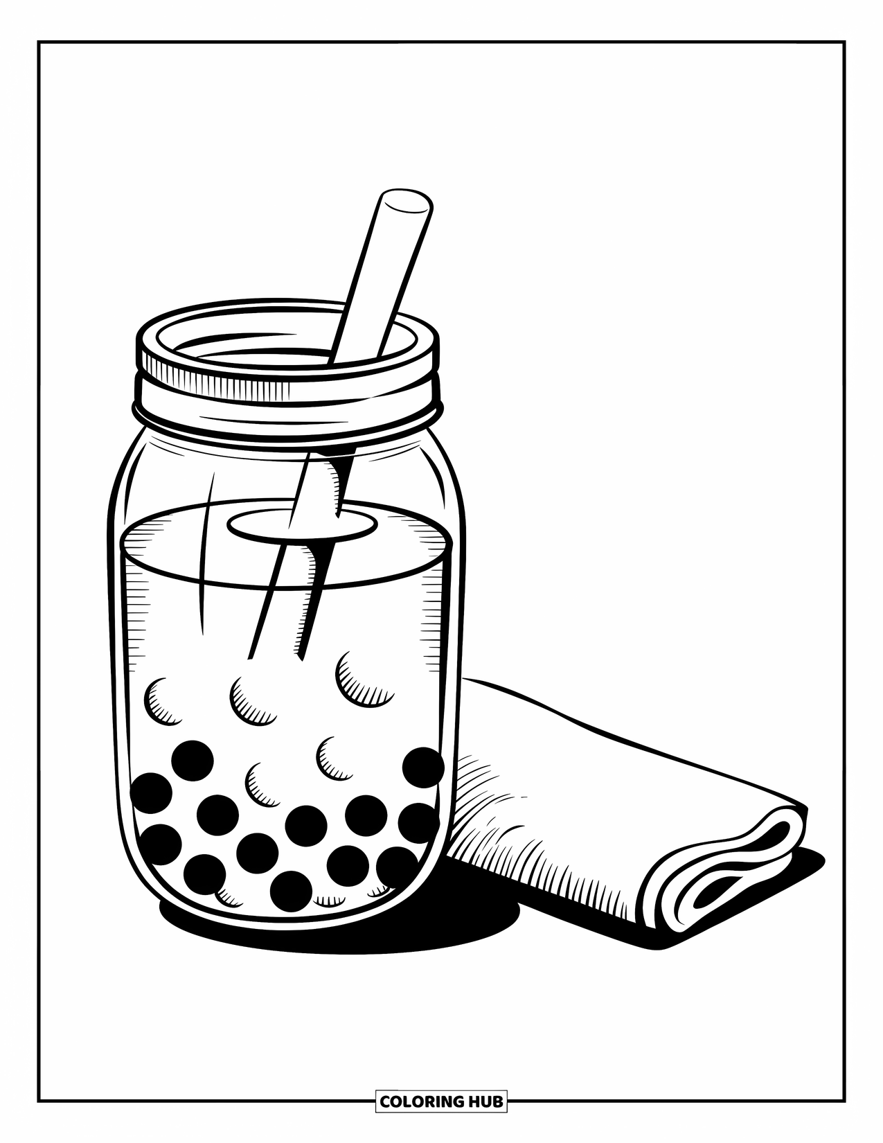Bubble Tea Coloring Page for Kids: A bubbly tea in a jar sits beside a napkin and spoon