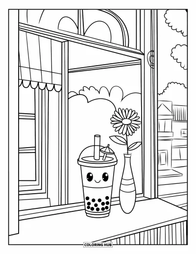 Bubble Tea Coloring Page for Kids: A cafe window displays bubble tea and a flower vase with a city view