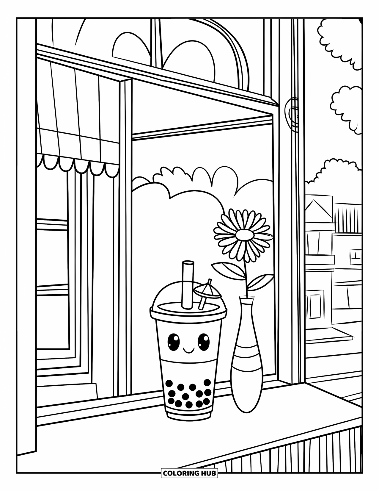 Bubble Tea Coloring Page for Kids: A cafe window displays bubble tea and a flower vase with a city view